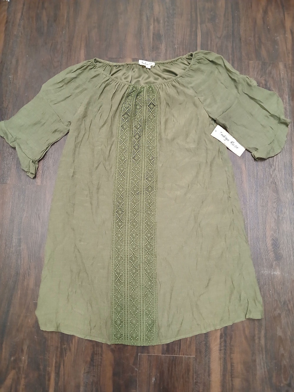 Indigo Olive Green Crochet-Front Peasant Tunic